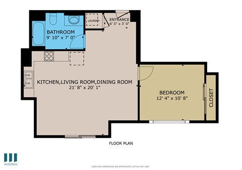 Floor plan for 1 bed, 1 bath, 677 sqft